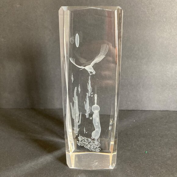 3D Laser Etched Crystal Block Paperweight Kokopelli With Flute Under Eagle Moon - Picture 4 of 8
